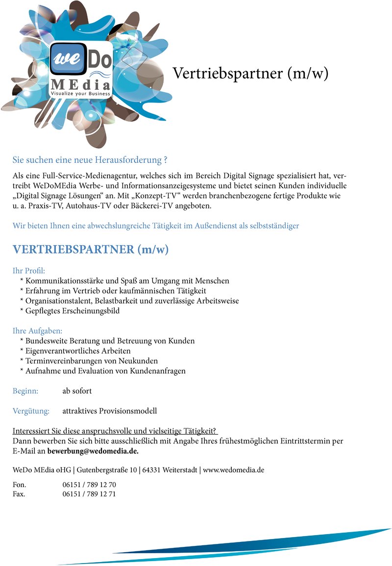 Stellenanzeige Pharmaberater/-innen, Vertriebspartner/-innen  für Praxis-TV / Klinik-TV / Apotheken-TV